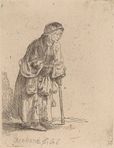 Tiggarkvinna lutad på en pinne, 1646. av Rembrandt van Rijn