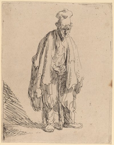 Tiggare i hög mössa, stående och lutad på en pinne av Rembrandt van Rijn