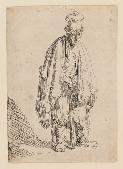 Tiggare i hög mössa, stående och lutad på en pinne av Rembrandt van Rijn