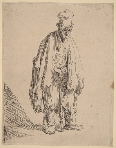 Tiggare med hög keps, stående och lutad mot en käpp av Rembrandt van Rijn
