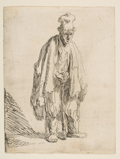 Tiggare i hög mössa, stående och lutad på en pinne, ca. 1629. av Rembrandt van Rijn