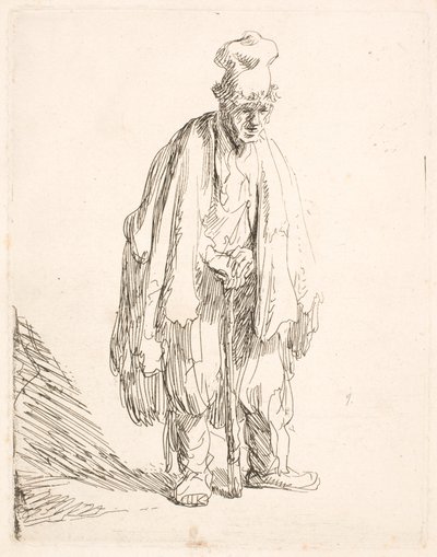 En tiggare med en hög keps, som står och lutar sig mot en käpp av Rembrandt van Rijn