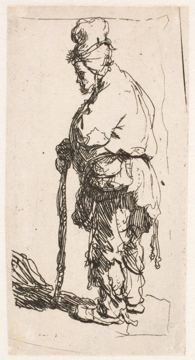 Tiggare som stöder sig på en käpp, vänd mot vänster av Rembrandt van Rijn