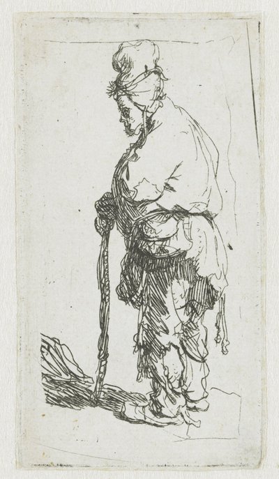 Tiggare som stöder sig på en käpp, vänd mot vänster av Rembrandt van Rijn