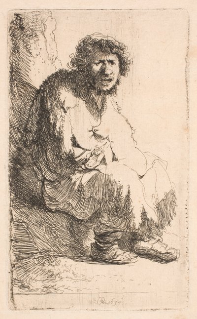 En tiggare som sitter på en bänk av Rembrandt van Rijn