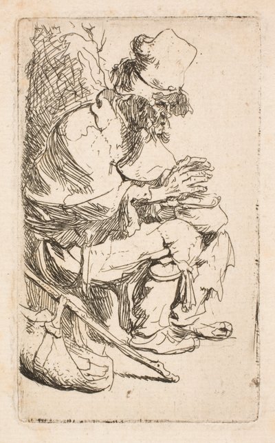 En tiggare som sitter och värmer händerna vid en värmebehållare av Rembrandt van Rijn