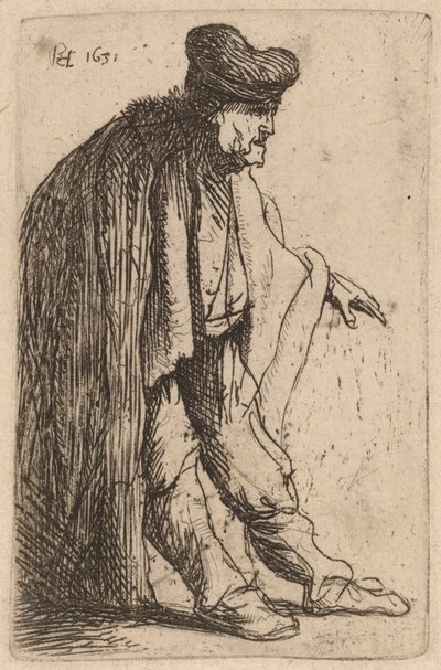 Tiggare med sin vänstra hand utsträckt av Rembrandt van Rijn