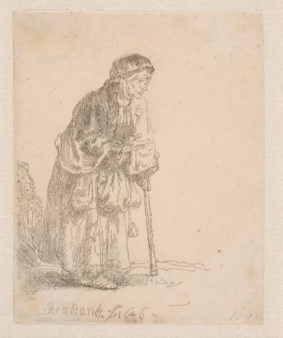 En tiggarkvinna som stöder sig på en käpp av Rembrandt van Rijn