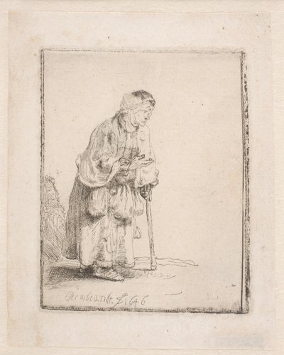 En tiggarkvinna som stöder sig på en käpp av Rembrandt van Rijn