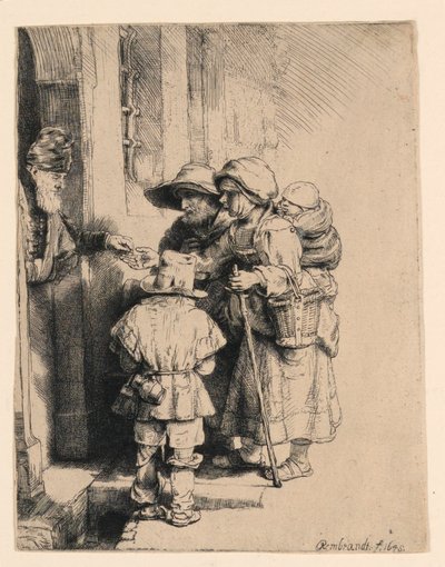 Tiggare som tar emot allmosor vid dörren till ett hus av Rembrandt van Rijn