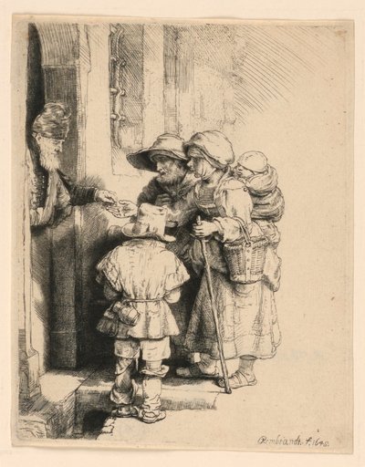 Tiggare som tar emot allmosor vid dörren till ett hus av Rembrandt van Rijn