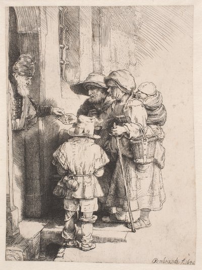 Tiggare som tar emot allmosor vid dörren till ett hus av Rembrandt van Rijn