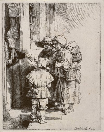 Tiggare som tar emot allmosor vid dörren till ett hus, 1648 (torrnålsgravyr) av Rembrandt van Rijn