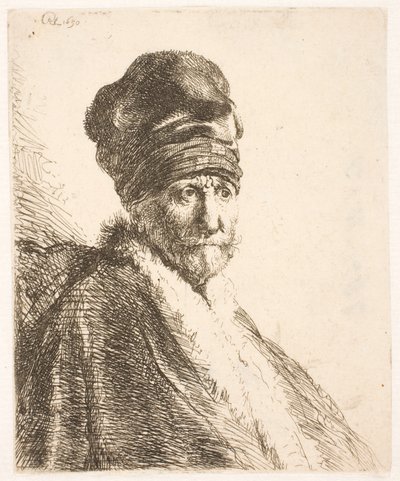 Byst av en man (Rembrandts far) med hög mössa, trekvartsprofil av Rembrandt van Rijn