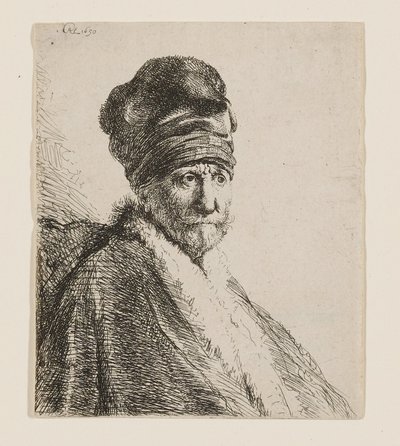 Byst av en man med en hög keps av Rembrandt van Rijn