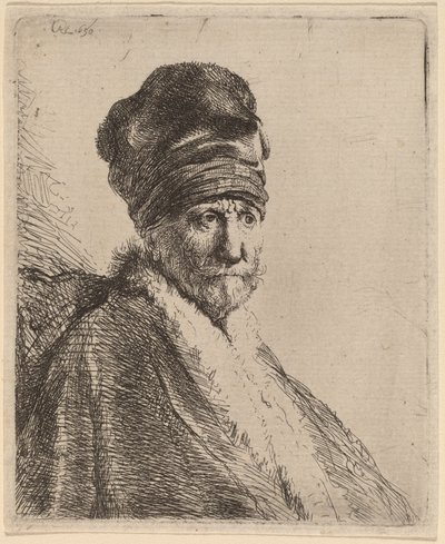 Byst av en man med hög keps, tre fjärdedelar höger (konstnärens far?) av Rembrandt van Rijn