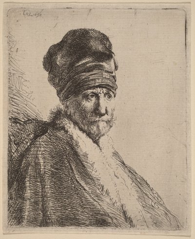 Byst av en man med hög keps, trekvartsprofil åt höger (konstnärens far) av Rembrandt van Rijn