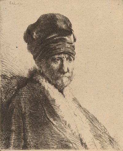 Byst av en man med hög keps, tre fjärdedels höger Konstnärens far, 1630. av Rembrandt van Rijn