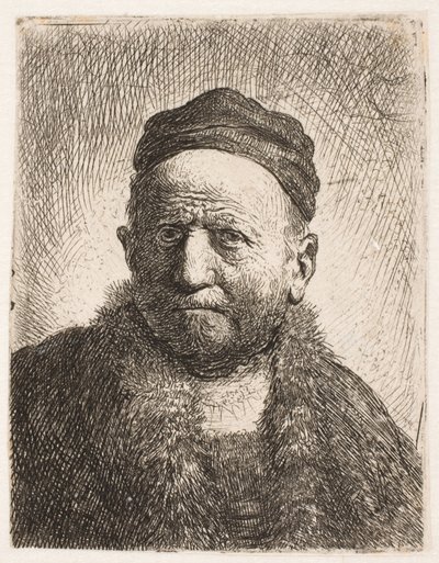 Byst av en man (Rembrandts far) i framifrånperspektiv, iklädd en tättsittande mössa av Rembrandt van Rijn