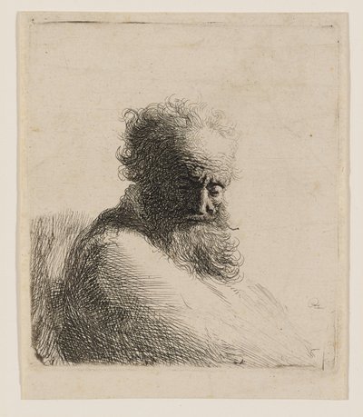 Byst av en äldre, skäggig man som blickar nedåt, i trekvartsprofil åt höger av Rembrandt van Rijn