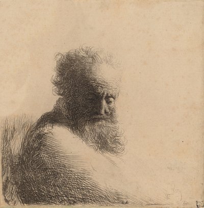 Byst av en gammal skäggig man, tittar ner, tre fjärdedelar höger, 1631. av Rembrandt van Rijn