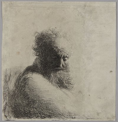 Byst av en äldre man som blickar nedåt, i trekvartsprofil åt höger av Rembrandt van Rijn