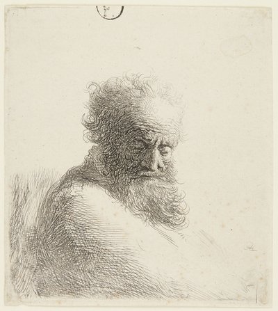 Byst av en äldre man som blickar nedåt, i trekvartsprofil åt höger av Rembrandt van Rijn