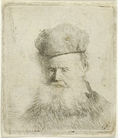 Byst av en gammal man med en pälsmössa och flödande skägg, nästan fullt ansikte av Rembrandt van Rijn