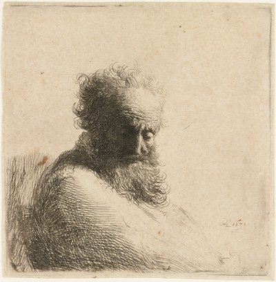 Byst av en gammal skäggig man, tittar ner, tre fjärdedelar höger, 1631. av Rembrandt van Rijn