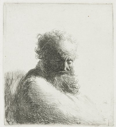 Byst av en gammal skäggig man, tittar ner, tre fjärdedelar höger av Rembrandt van Rijn