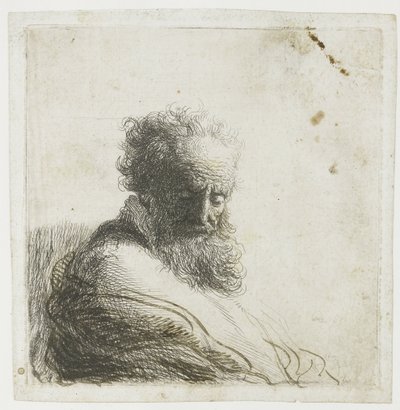 Byst av en gammal skäggig man, tittar ner, tre fjärdedelar höger av Rembrandt van Rijn