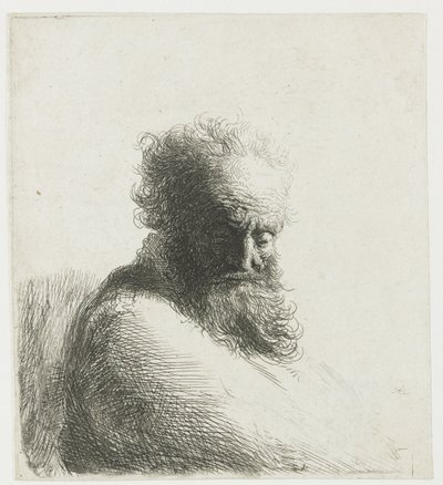 Byst av en gammal skäggig man, tittar ner, tre fjärdedelar höger av Rembrandt van Rijn