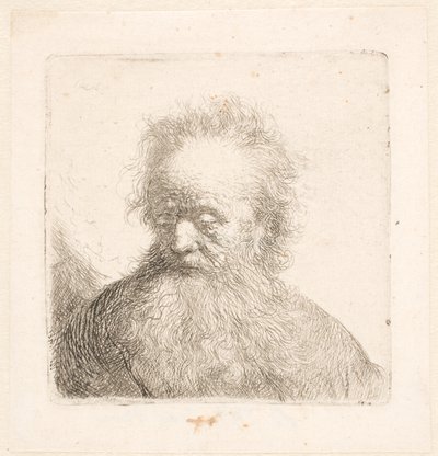 Byst av en äldre man med flödande skägg: huvudet nästan upprätt: blicken riktad nedåt: blicken riktad något åt vänster av Rembrandt van Rijn