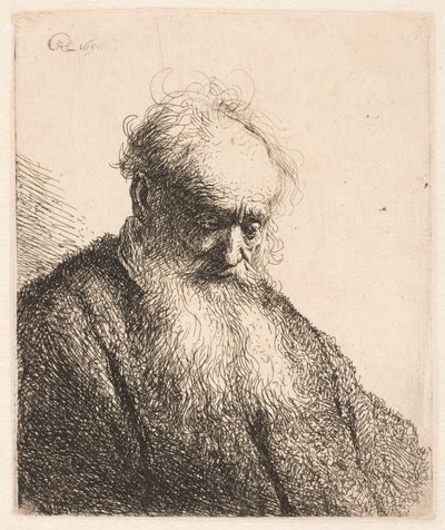 Byst av en äldre man med fladdrande skägg: huvudet lutat tre fjärdedelar åt höger av Rembrandt van Rijn