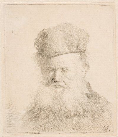 Byst av en äldre man med pälsmössa och långt skägg: nästan i helprofil: blicken riktad rakt fram av Rembrandt van Rijn