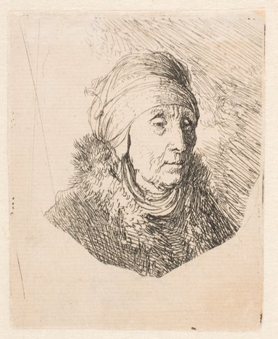 Byst av en äldre kvinna med en hög huvudbonad som är fastbunden runt hakan av Rembrandt van Rijn