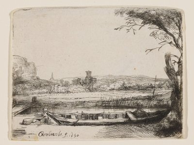 Kanal med en stor båt och en bro av Rembrandt van Rijn