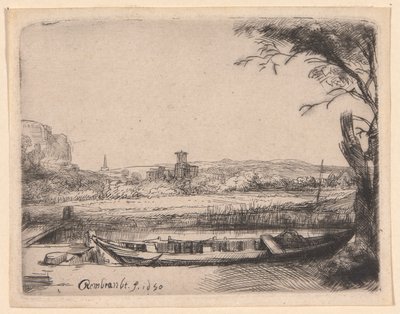 Kanal med en stor båt och en bro av Rembrandt van Rijn