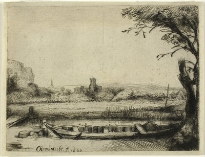 Kanal med en stor båt och en bro av Rembrandt van Rijn