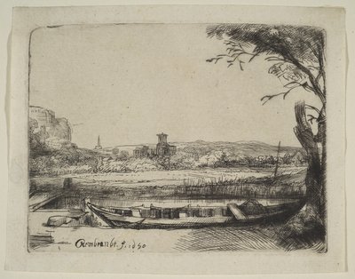 Kanal med en stor båt och en bro, 1650. av Rembrandt van Rijn
