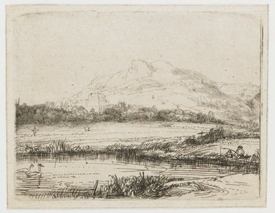 Kanal med en sportfiskare och två svanar Kanal med en sportfiskare och två svanar av Rembrandt van Rijn