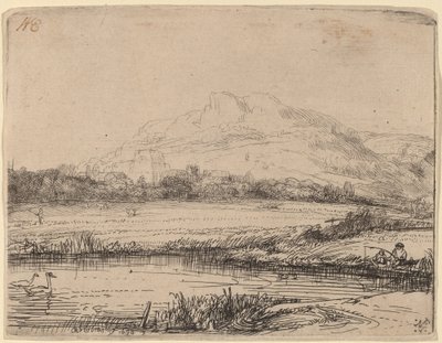 Kanal med en sportfiskare och två svanar av Rembrandt van Rijn