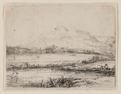 Kanal med en sportfiskare och två svanar av Rembrandt van Rijn