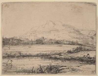 Kanal med en fiskare och två svanar av Rembrandt van Rijn