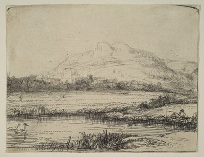 Kanal med en fiskare och två svanar, 1650. av Rembrandt van Rijn