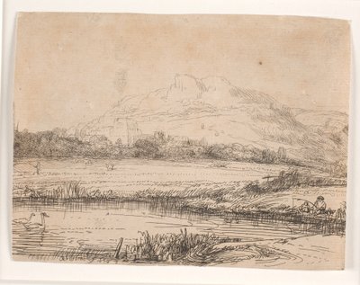 Kanal med en fiskare och två svanar av Rembrandt van Rijn