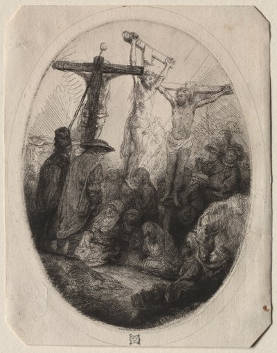 Kristus korsfäst mellan två tjuvar: en oval tallrik av Rembrandt van Rijn