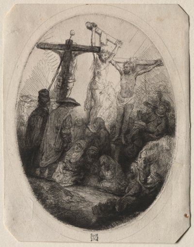 Kristus korsfäst mellan två tjuvar: en oval tallrik, ca. 1641. av Rembrandt van Rijn