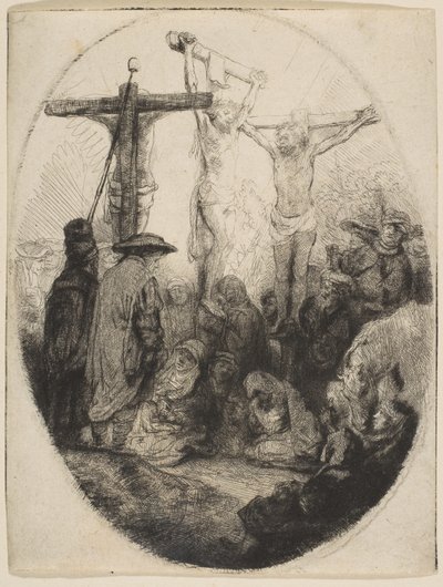 Kristus korsfäst mellan två tjuvar, oval tallrik, ca. 1641. av Rembrandt van Rijn