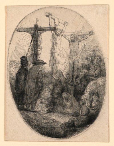 Kristus korsfäst mellan de två tjuvarna: en oval tallrik av Rembrandt van Rijn